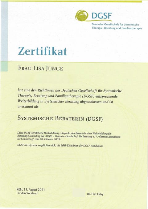 Zertifikat der DGSF: Lisa Junge, Systemische Beraterin (DGSF), Köln 2021