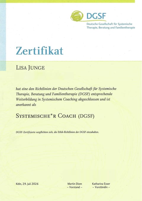 Zertifikat der DGSF: Lisa Junge, Systemischer Coach (DGSF), Köln 2026